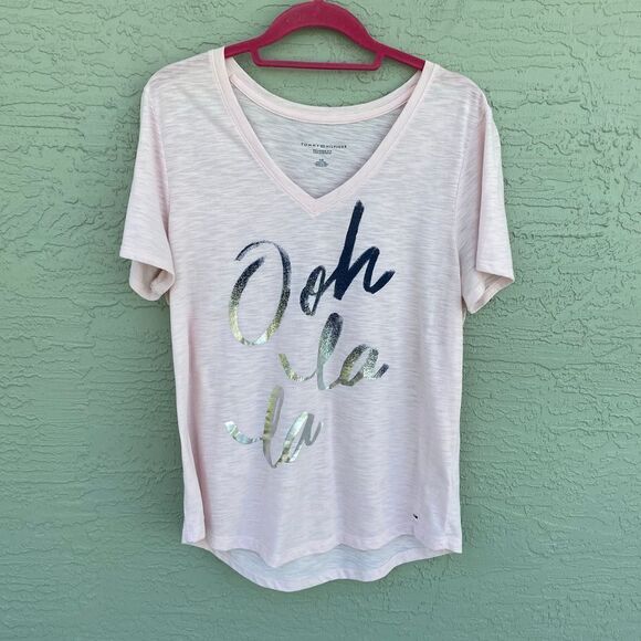 Tommy Hilfiger Sz L V Neck Tee OOH LA LA - Picture 1 of 8